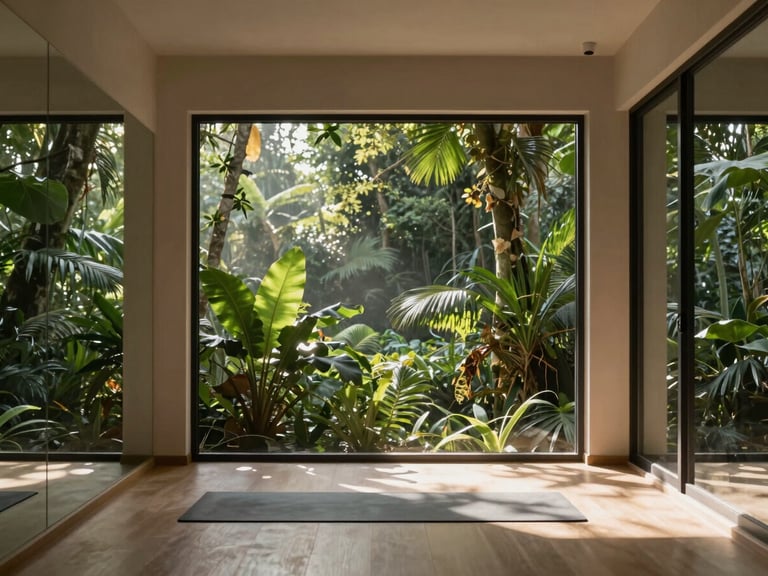 A high-end minimal yoga studio interior with large glass windows overlooking a dense, lush green jungle. Soft morning light filters through the canopy.