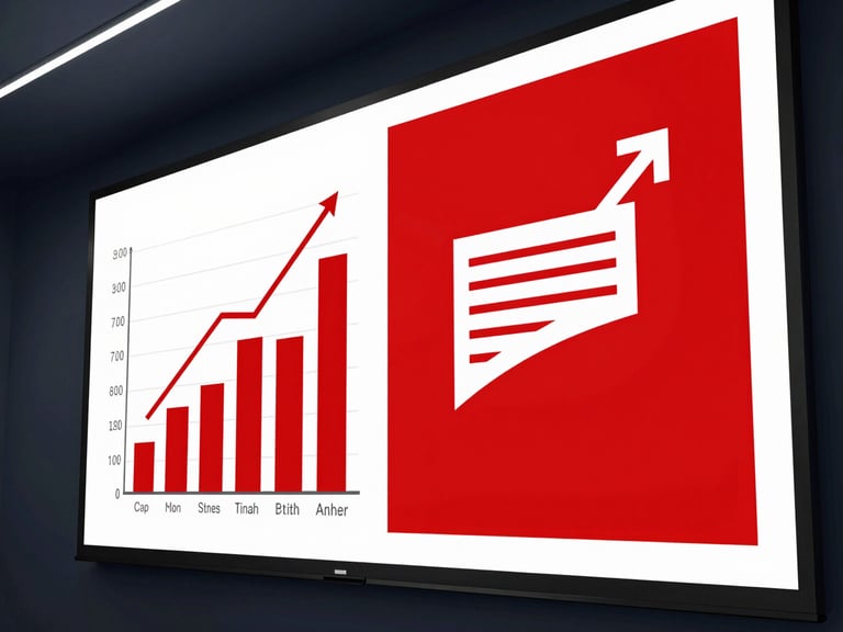 Angled shot of a high-contrast marketing presentation on a large screen in a dark boardroom, bold red charts and clean typography visible.