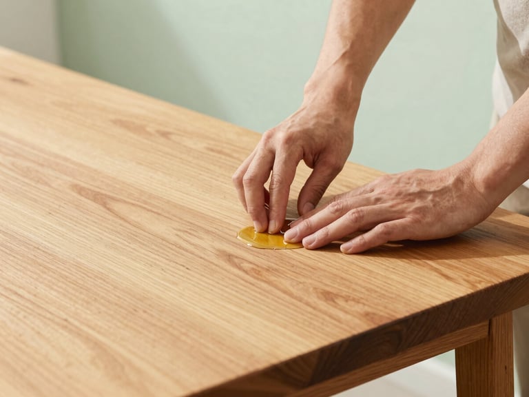Close-up of a craftsman's hands gently rubbing natural oil into a beautifully restored honey-toned pine tabletop, soft golden hour workshop light, clean and focused composition