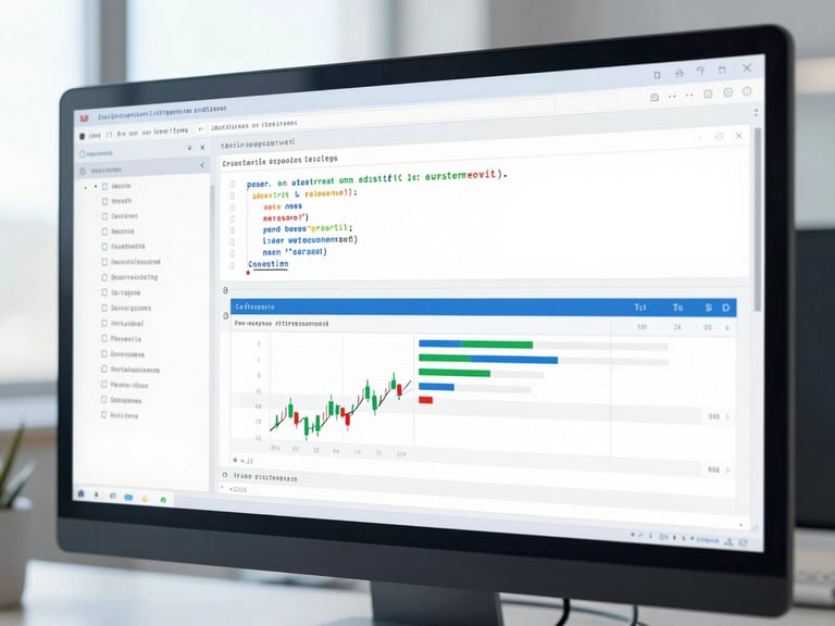 Close-up of a high-end monitor displaying structured financial tables and charts, clean code structure, soft daylight, cool blue tones