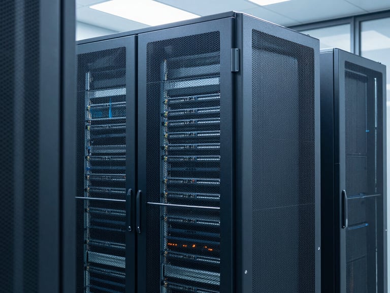 Modern high-end server rack in a secure data center, cool blue and slate tones, sharp focus, architectural framing, 35mm