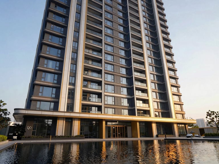 Wide-angle exterior of DLF The Arbour, contemporary high-rise with unique facade elements, crisp bright lighting, reflection in a water feature, premium architectural photography.