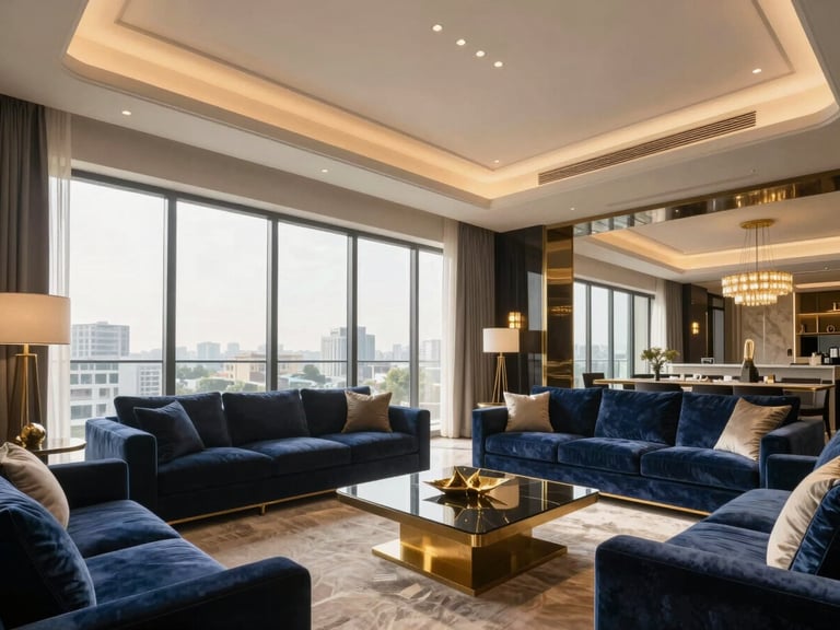 Luxurious interior living space in a Sector 65 apartment, Gurugram, with floor-to-ceiling windows overlooking city, crisp bright lighting, premium finishes.