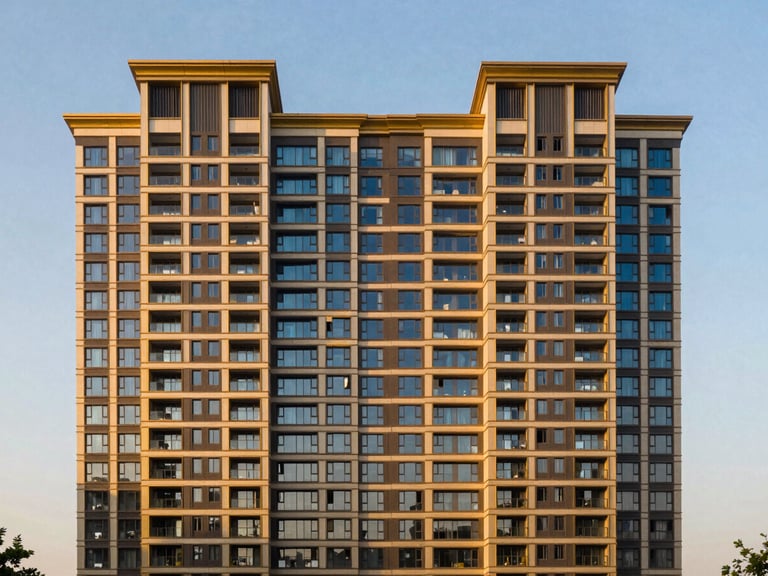Architectural exterior of a high-end luxury apartment complex on Golf Course Road, Gurugram, golden hour sunlight, symmetrical composition, premium architectural photography.