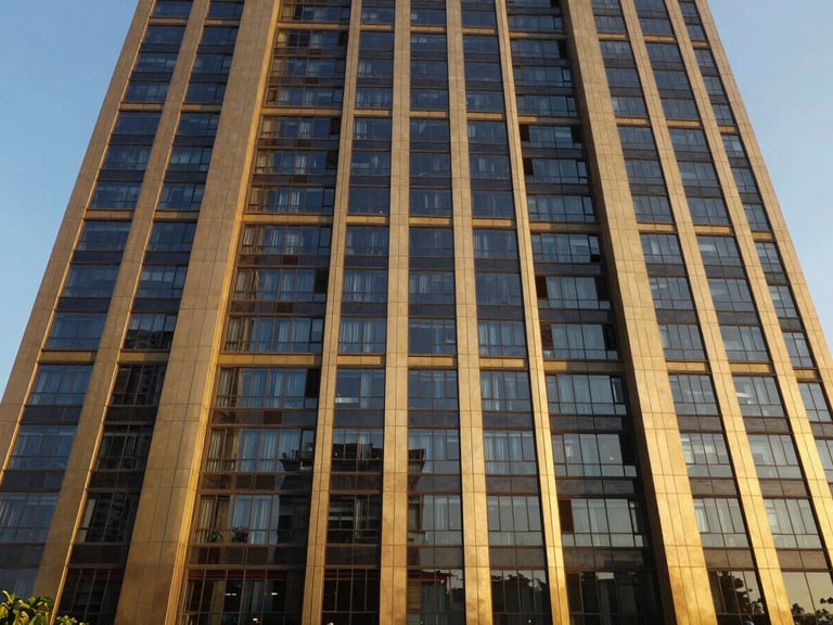Wide-angle view of a modern Gurugram high-rise facade, golden hour sunlight reflecting off glass, deep navy and gold tones, symmetrical composition.