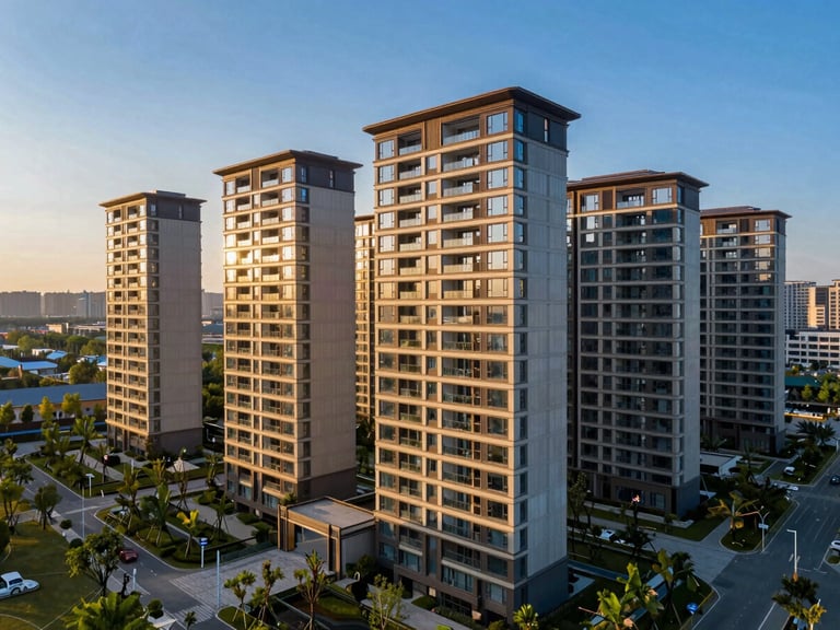 Drone shot of M3M Mansion, modern residential towers against a clear blue sky, surrounding green spaces, showing scale and prime location, luxury real estate photography.