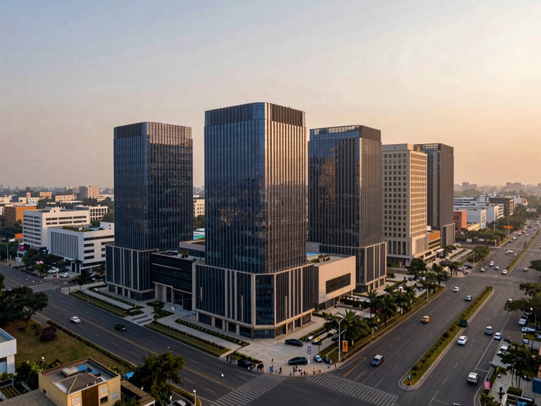 Wide-angle view of Southern Peripheral Road (SPR), Gurugram, with modern commercial buildings and developing infrastructure, warm light, premium architectural photography.