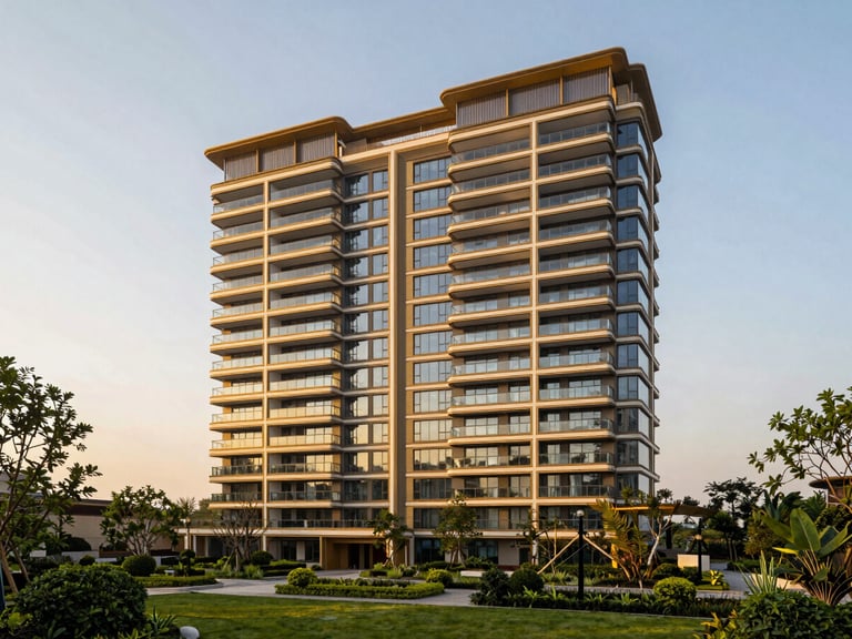Architectural shot of DLF Privana North, modern high-rise with expansive glass balconies, warm golden hour sunlight, lush green landscaping, luxury residential photography.