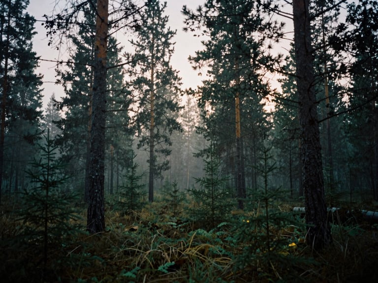 Wide cinematic landscape of a misty Finnish pine forest at dawn, low-key overcast light, deep green tones, 35mm film grain.