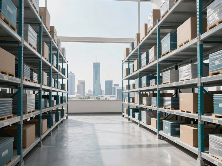 Clean spacious modern warehouse interior, highly organized shelving system, bright daylight, sleek professional corporate photography