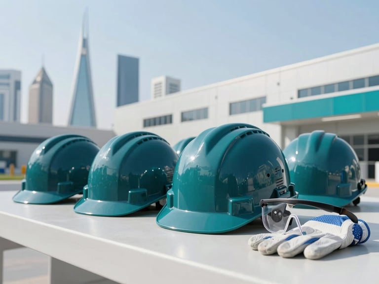 Industrial safety equipment, hard hats, safety glasses, gloves, in a clean modern factory setting, bright architectural daylight, deep teal accents, 35mm lens, Riyadh skyline in background.
