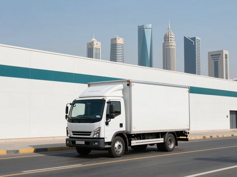 Modern white delivery truck driving on a clean highway with Riyadh skyline in the background, bright daylight, professional architectural photography