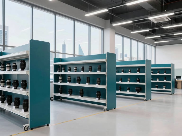 Sleek modern logistics hub interior, organized shelves with deep teal accents, bright professional studio lighting, 35mm lens