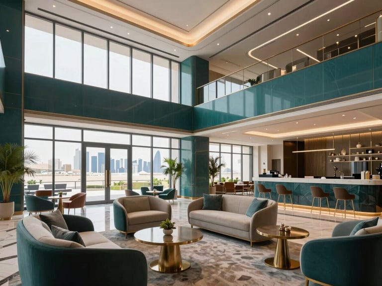 Luxurious hotel lobby in Riyadh, modern design, elegant furniture, soft lighting, teal accents.