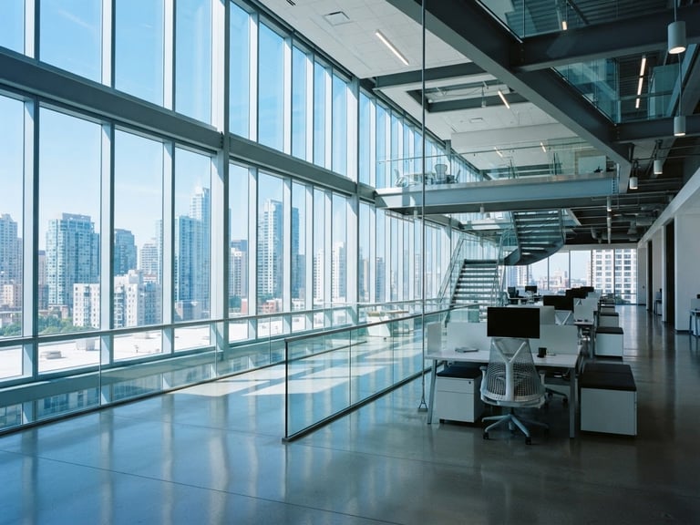 Crisp architectural photography of a bright, modern commercial office building interior post-cleaning, sunlight streaming through clean glass windows, cool blue tones, 35mm