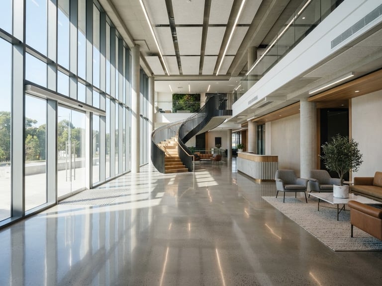 Crisp architectural photography of a bright, modern office lobby post-handover, sunlight reflecting off a pristine, polished concrete floor, 35mm.