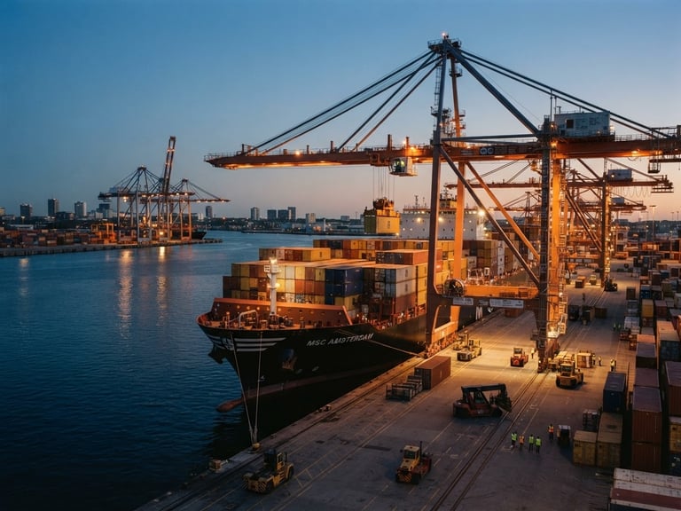 Industrial maritime cargo terminal at dusk, towering gantry cranes loading containers onto a massive cargo ship, soft warm harbor lights reflecting on deep blue water, professional 35mm photography