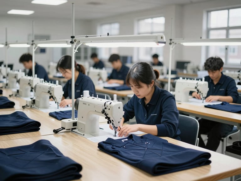 Industrial garment factory floor with rows of modern sewing machines under clean, professional lighting, workers focused on structured navy apparel, 35mm