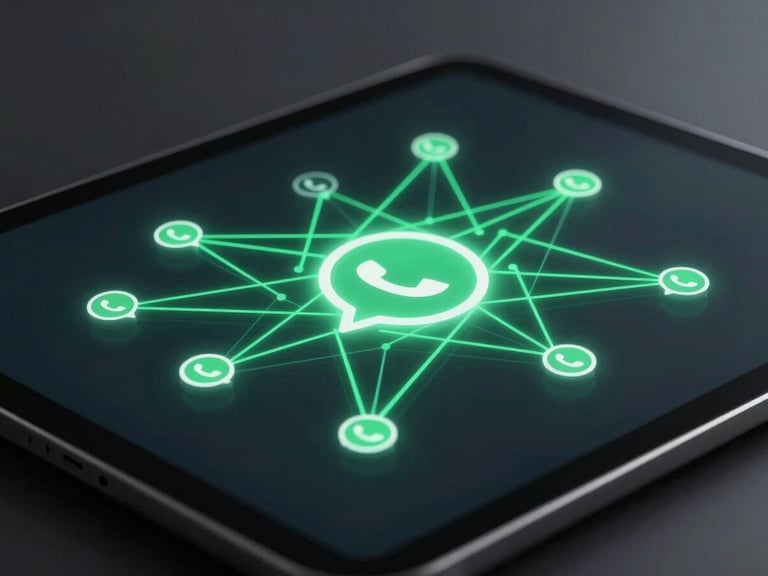 Abstract representation of AI neural network integrated into a WhatsApp chat interface on a tablet, glowing electric green lines, minimalist tech-editorial style, deep charcoal background, crisp studio lighting.