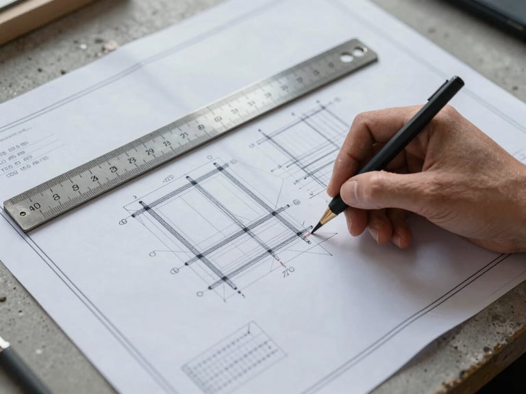 Overhead close-up of structural engineering drawings — load calculations annotated by hand on printed blueprints, a steel scale ruler resting across the sheet, soft diffuse daylight from above, concrete worktable surface visible at edges