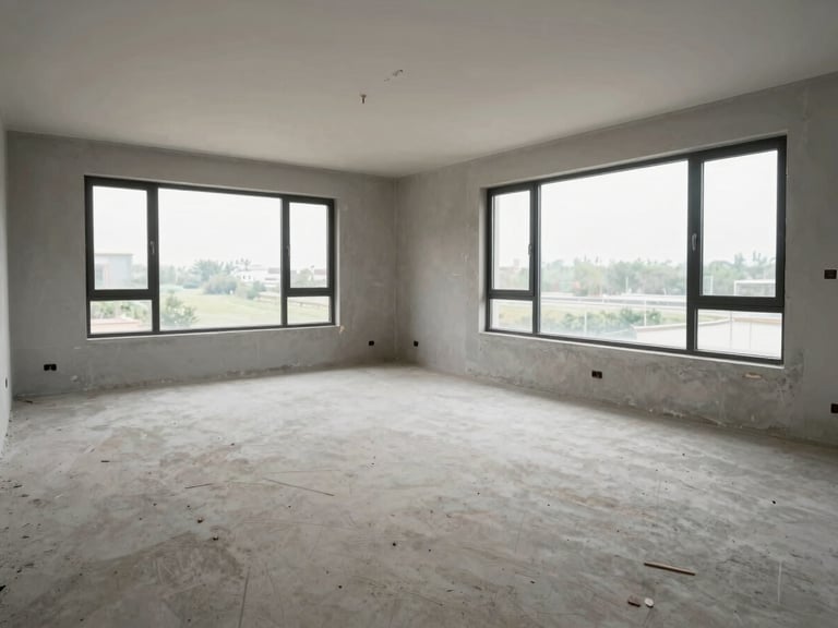 Wide shot of an empty newly completed residential unit — bare concrete floors, unpainted walls, large window framing site context outside, north-facing natural light, no furniture or people — the spatial intention readable without any staging