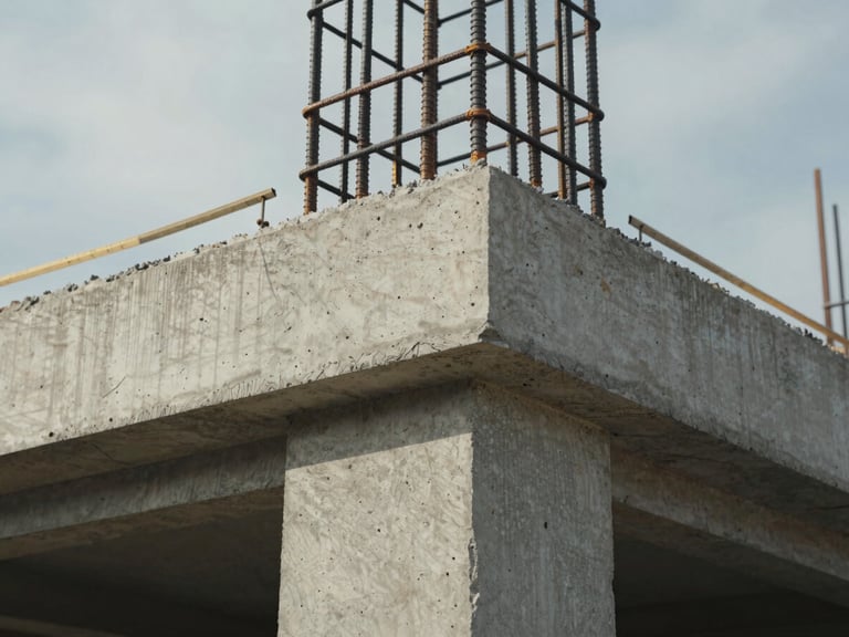 Close-up of a concrete and steel junction detail at the corner of a building under construction — exposed rebar meeting cast concrete, rough formwork texture still visible on the surface, diffuse north daylight, no people