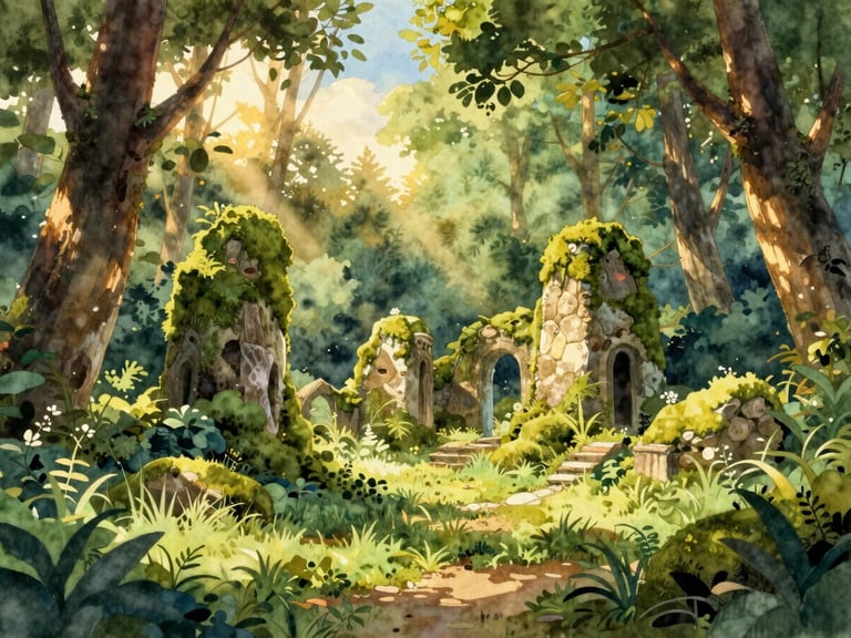 A lush watercolor forest clearing with ancient mossy ruins, dappled golden-hour sunlight filtering through trees, wide cinematic shot.