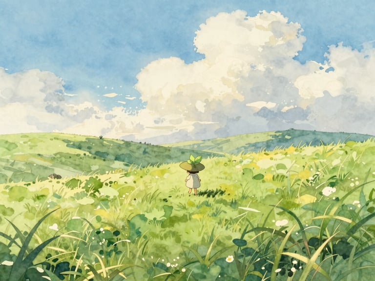 A whimsical small spirit with a leafy hat walking through expansive green hills under a sky filled with soft clouds, dappled sunlight, watercolor illustration.
