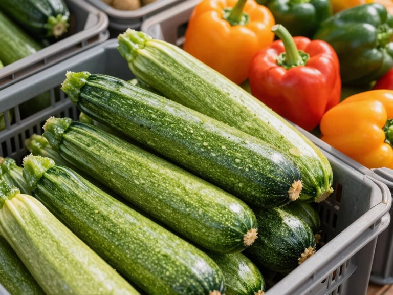Fresh green zucchini and vibrant bell peppers stacked in clean wholesale crates, bright daylight, macro texture