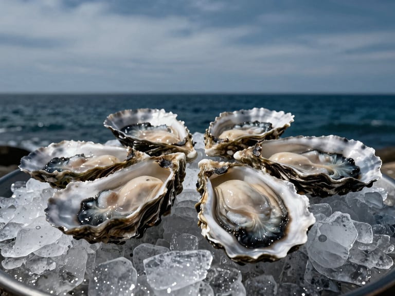 Freshly shucked oysters on a bed of crushed ice, high-contrast natural light, overcast coastal sky, macro shot showing shell texture