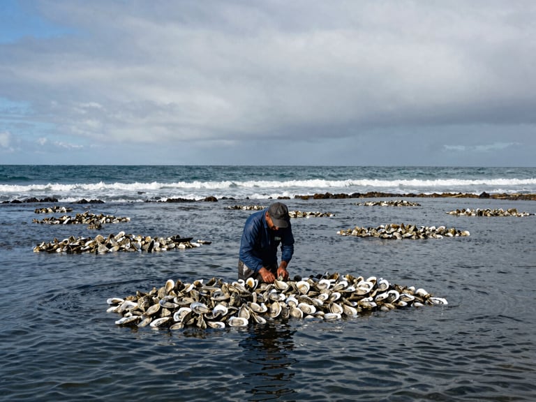 Acuicultor revisando las líneas de ostiones en las aguas de San Quintín, manos enfocadas en el producto, cielo nublado.
