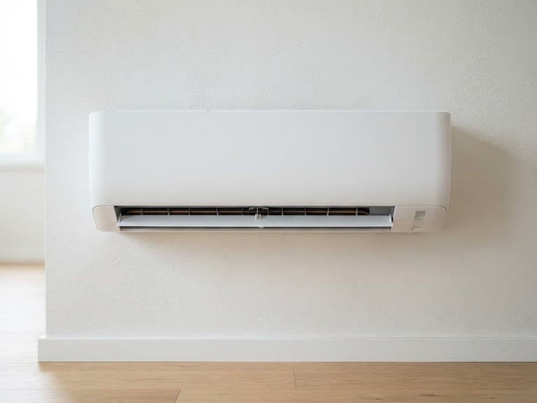 Close-up of a modern white wall-mounted air conditioning unit neatly installed, clean lines, bright natural daylight, crisp focus