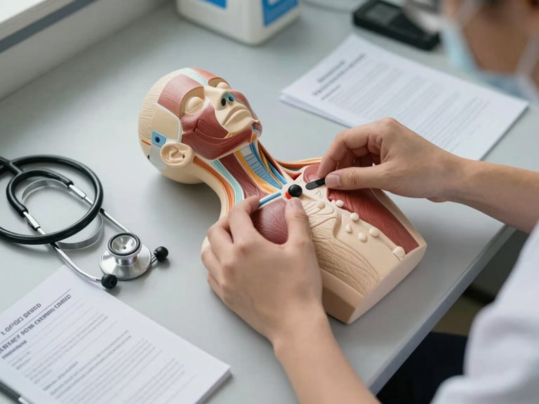 Overhead close-up of an anatomy lab bench in use — a student's hands tracing structures on a labelled anatomical model under diffused north-facing daylight, stethoscope and clinical reference cards arranged on the bench surface, warm grey tabletop, no faces visible, crisp natural light