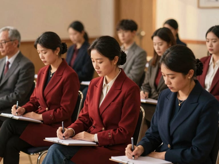 A group of parents sitting in a community hall, focused and taking notes, dignified editorial style