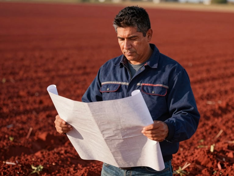 A Hispanic farmer standing in a sunlit field looking at blueprints, rich colors
