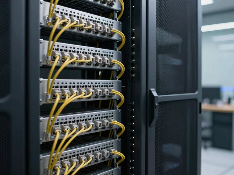 Symmetric environmental shot of a clean, professionally routed server rack with perfectly bundled ethernet cables, cool industrial lighting, right side bleed.
