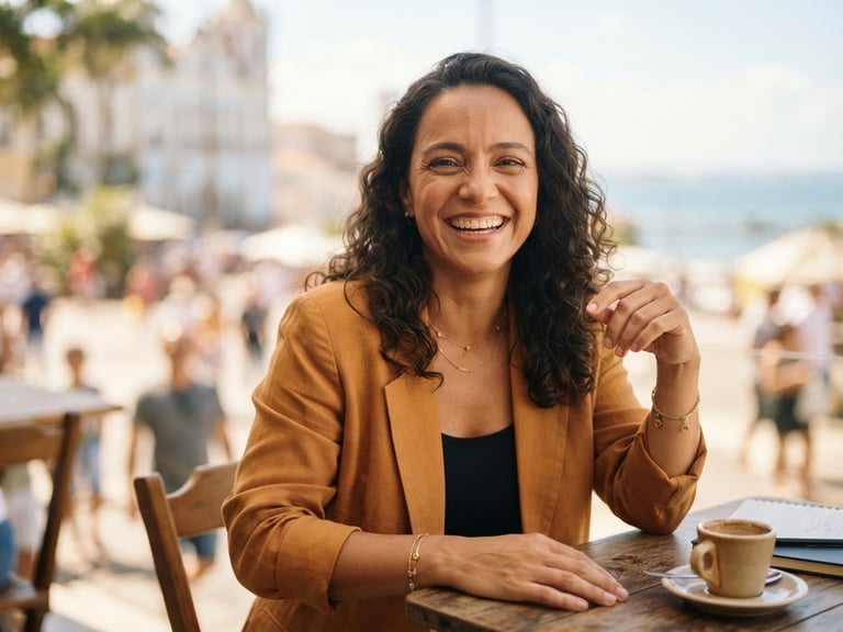 Warm editorial portrait of Paulinha Braga, a charismatic Brazilian female leader in her late 30s, smiling warmly in natural bright daylight, soft background blur, 35mm lens.