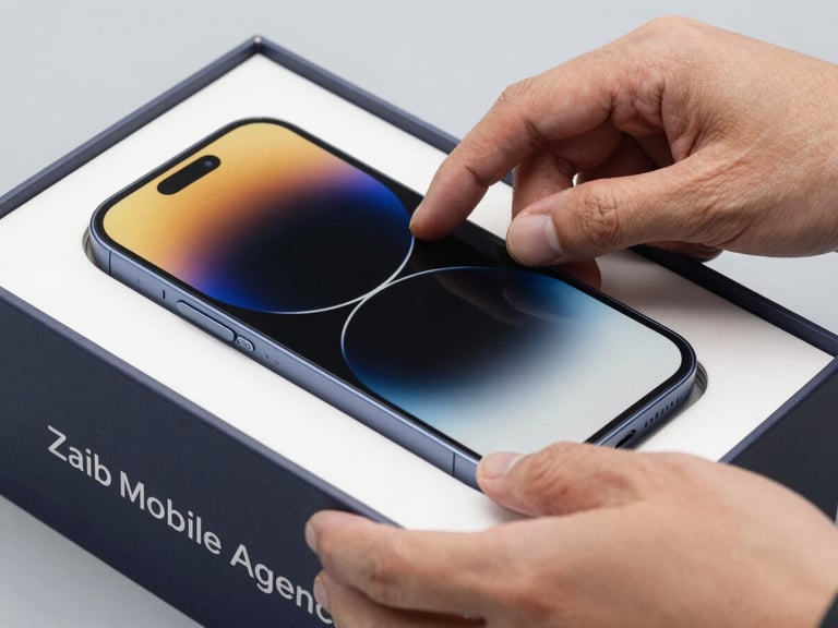 Close-up of hands carefully placing a smartphone into a secure, branded Zaib Mobile Agency delivery box, studio lighting.