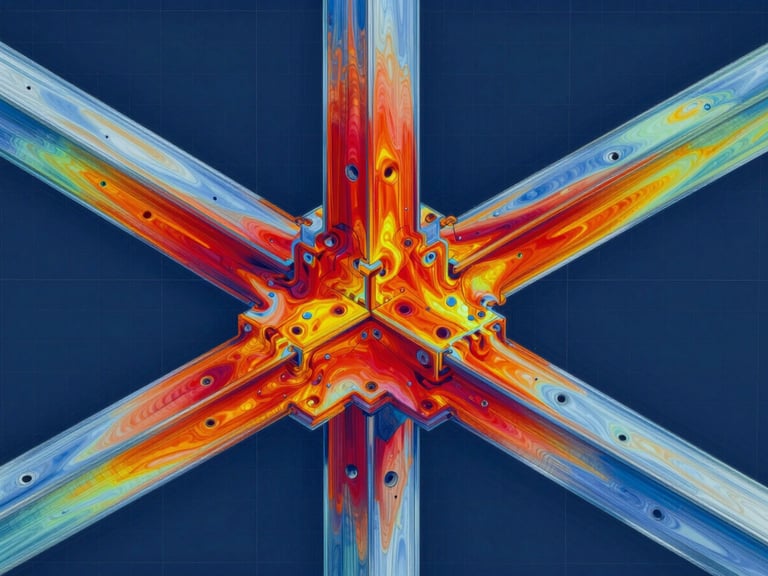 A high-fidelity finite element analysis heatmap of a complex structural steel connection, showing intense red and orange stress concentrations fading into cool blue, macro detail, technical grid overlay