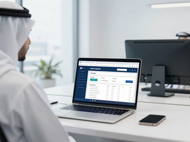 An over-the-shoulder view of a modern workspace in Saudi Arabia with a laptop showing campaign metrics, minimalist corporate photography, professional blue tones