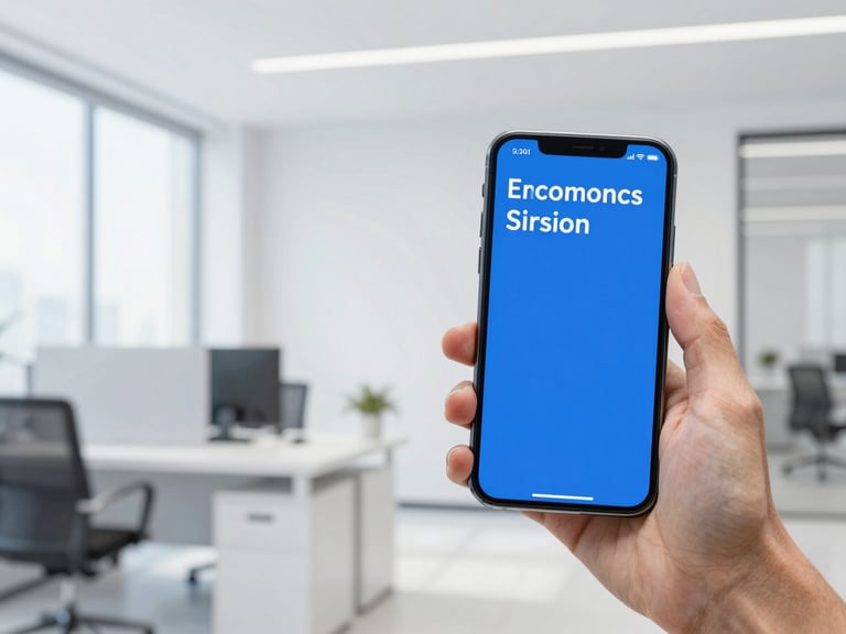 A professional close-up of a smartphone displaying an incoming business call in a modern Saudi office, minimalist corporate photography, bright clean daylight, sharp focus