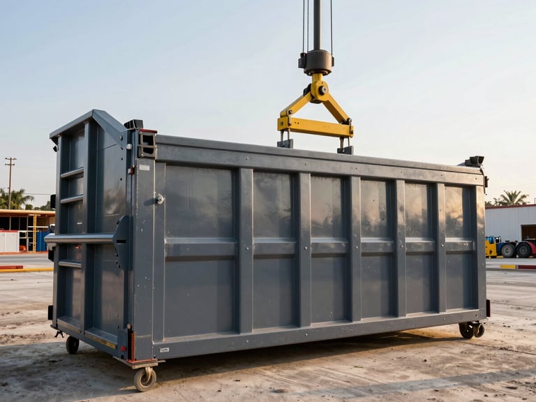 Close-up of a truck hoist mechanism positioning a clean 30-yard steel roll-off dumpster on a large Houston jobsite, early morning golden hour.