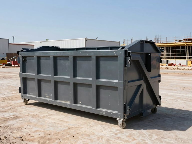 Wide-angle shot of a clean 20-yard steel roll-off dumpster on a commercial jobsite, construction in background, harsh midday sun.