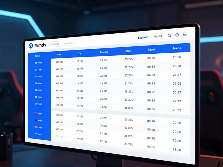 Clean UI mockup of a financial dashboard indicating brand investment in esports, neon blue highlights, structured data grid.
