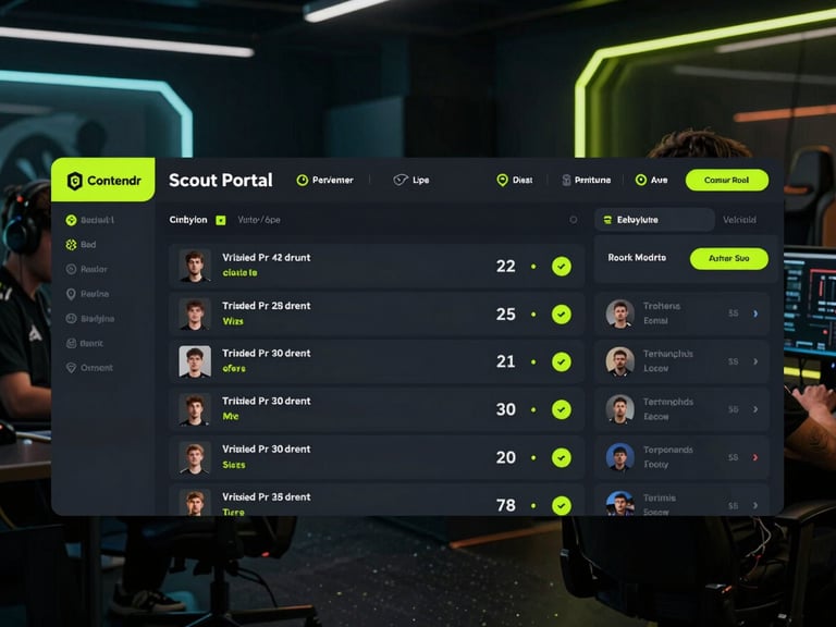 Clean UI mockup of Contendr's Scout Portal dashboard, displaying player profiles with verified stats and telemetry data, dark mode, cyber-lime accents, screen glow, wide aspect