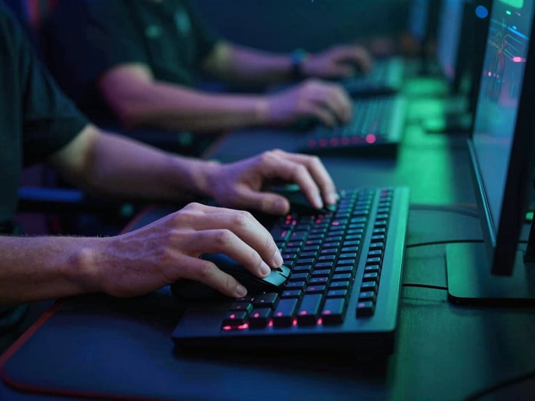 Moody shot of a gamer's hands on a keyboard and mouse, intense focus, with neon blue and green ambient light reflecting off the setup.