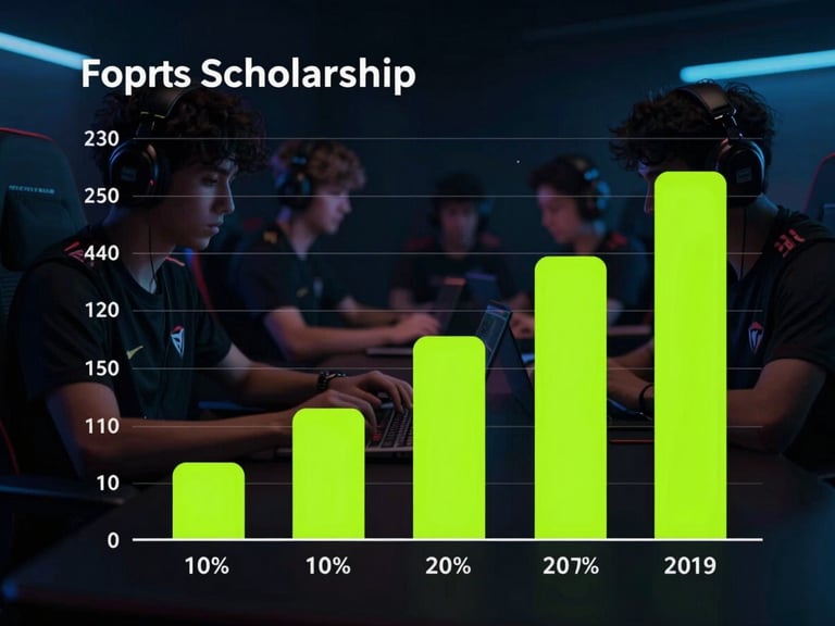 Clean UI mockup of a bar chart showing increasing esports scholarship values over time, cyber-lime accents, dark background.