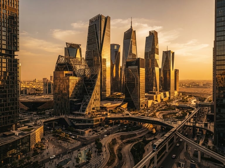 Wide architectural shot of the King Abdullah Financial District in Riyadh at golden hour, high-contrast shadows cutting across modern skyscrapers, warm desert light reflecting on glass facades.