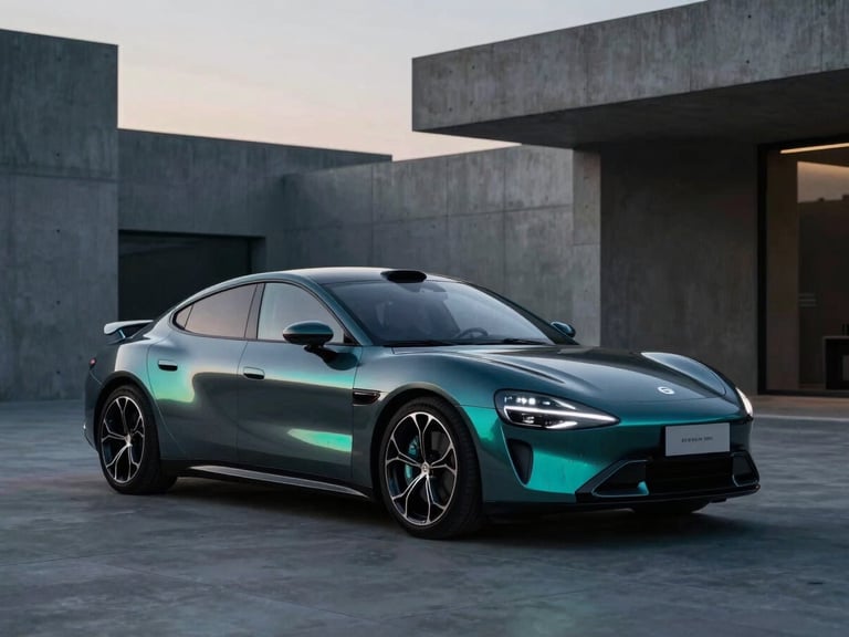 Sleek automotive photography of a modern high-spec sports sedan parked outside minimalist concrete architecture at dusk, sharp turquoise reflections on deep charcoal paint, dramatic low-key lighting, 85mm lens.