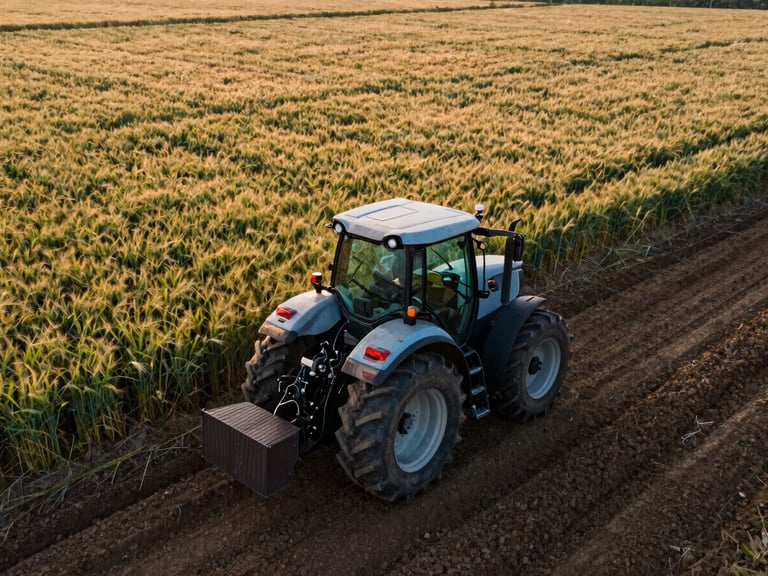 A modern tractor equipped with GPS receivers operating in a vast field of golden wheat, crisp early morning light, rich loam soil textures.